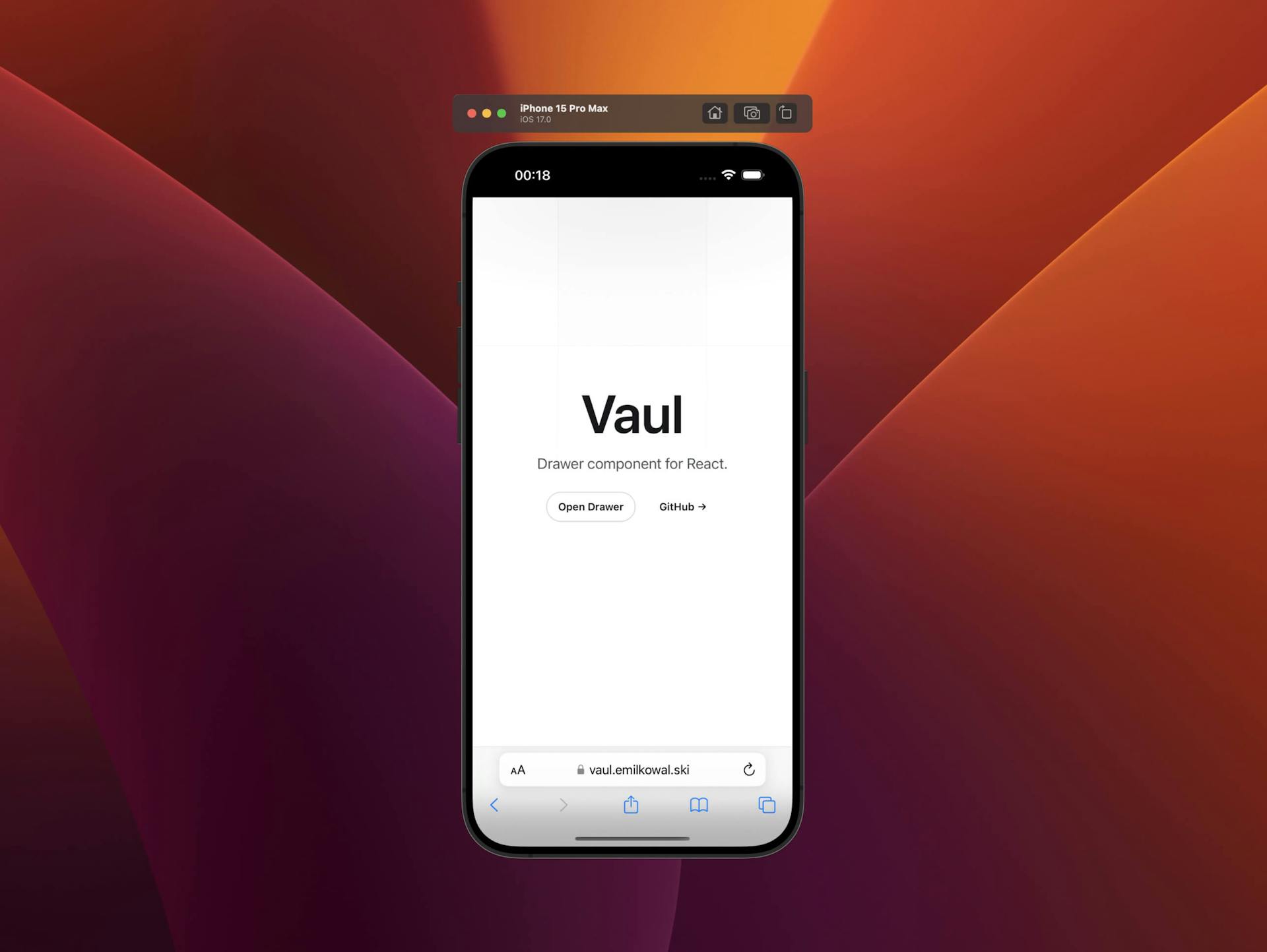xCode's simulator app with the Vaul site open.