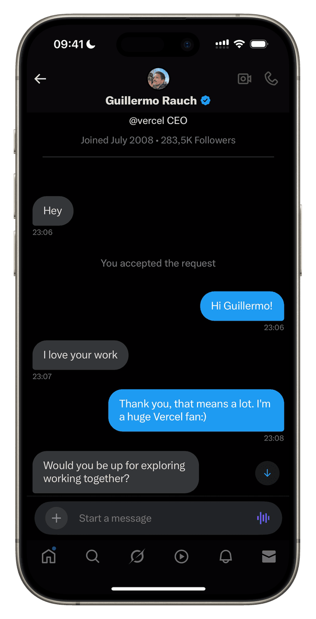 A Twitter DM between me and Guillermo Rauch where we discusses some working opportunities