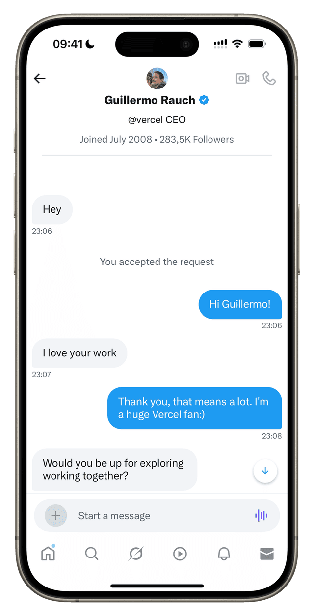A Twitter DM between me and Guillermo Rauch where we discusses some working opportunities