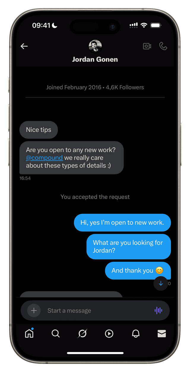 A Twitter DM between me and Jordan Gonen where we discusses some working opportunities