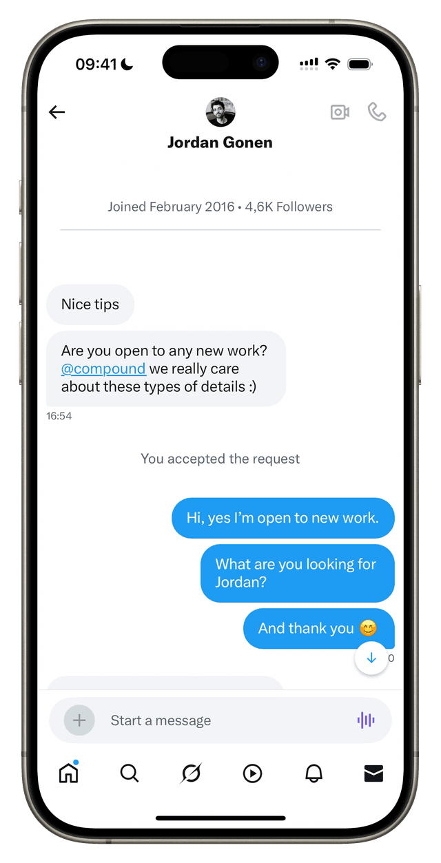 A Twitter DM between me and Jordan Gonen where we discusses some working opportunities